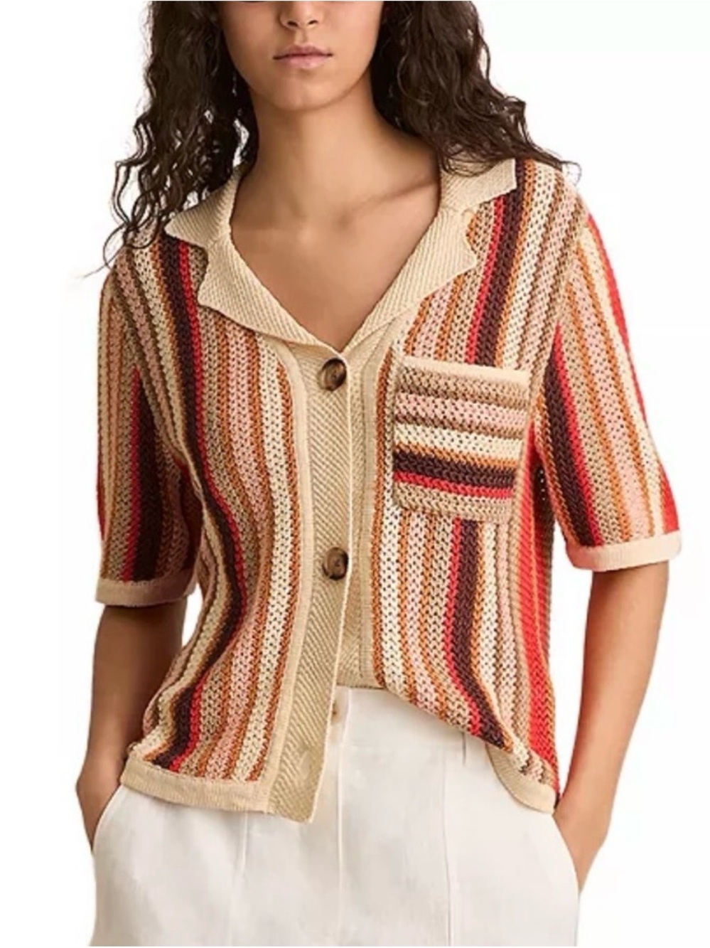 Reiss Multicolor Striped Short-Sleeve Button Cardigan - Coral Beige Orange Small